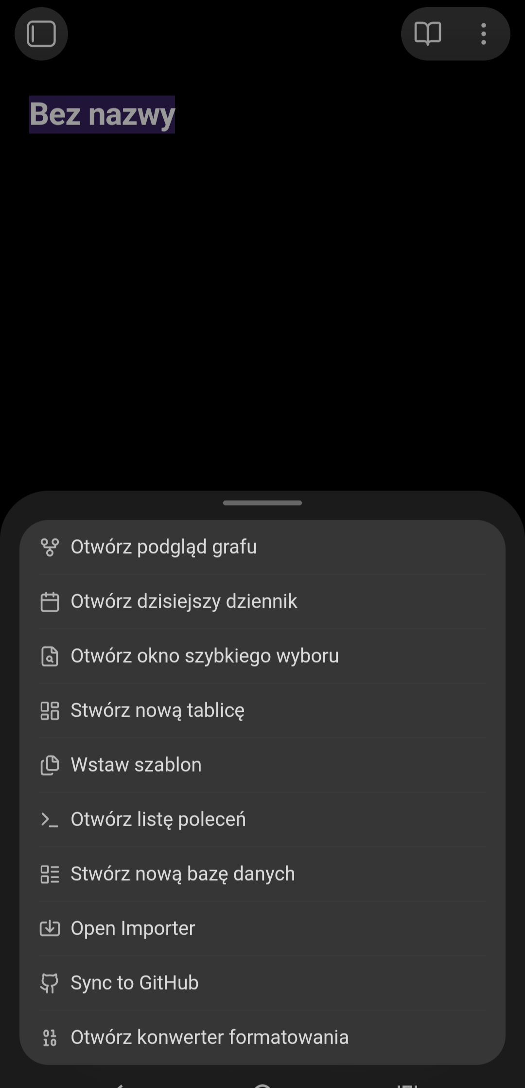 Okno Obsidian w Android App