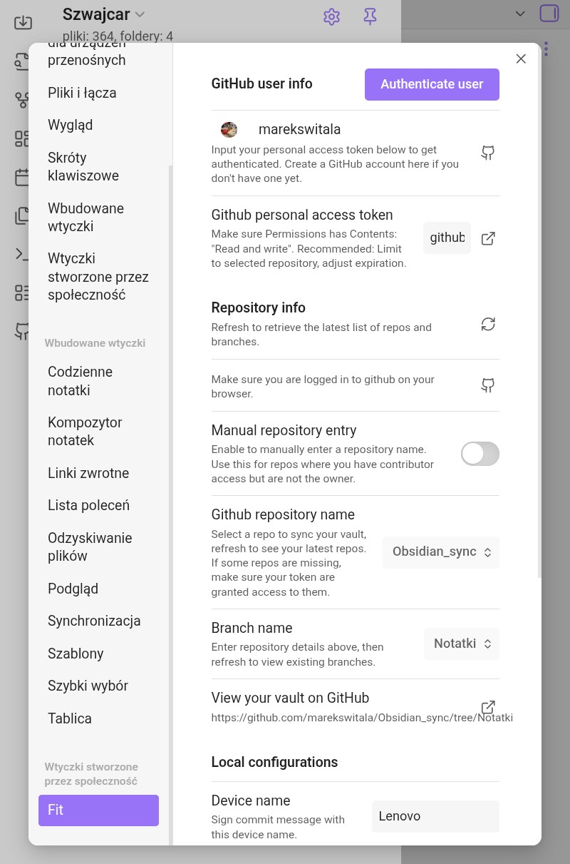 Konfiguracja Fit z github