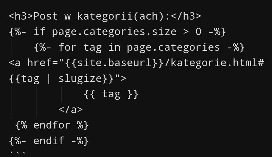 Kod wyświetla kategorie strony i odsyła do strony zawierającej listę kategorii